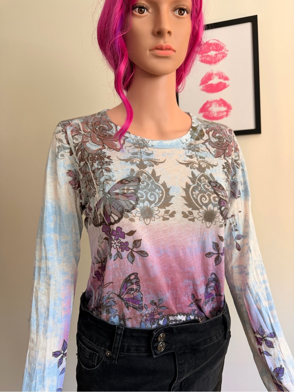 Rue21 Vintage Y2K Sheer Mesh Long Sleeve Butterfly Floral Graphic Top Size M